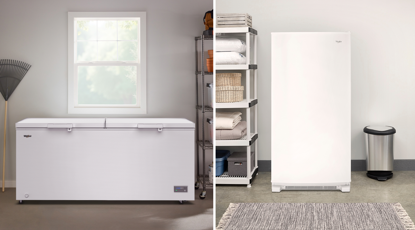 Side-by-side images of chest and upright freezers