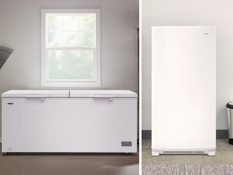 Side-by-side images of chest and upright freezers
