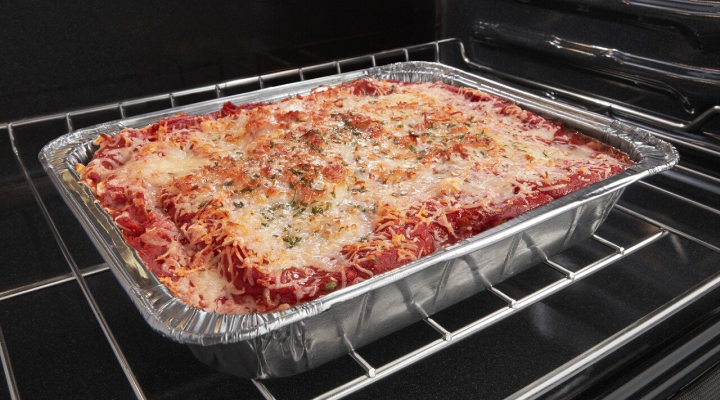 Tray of lasagna in an oven