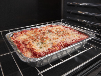 Tray of lasagna in an oven