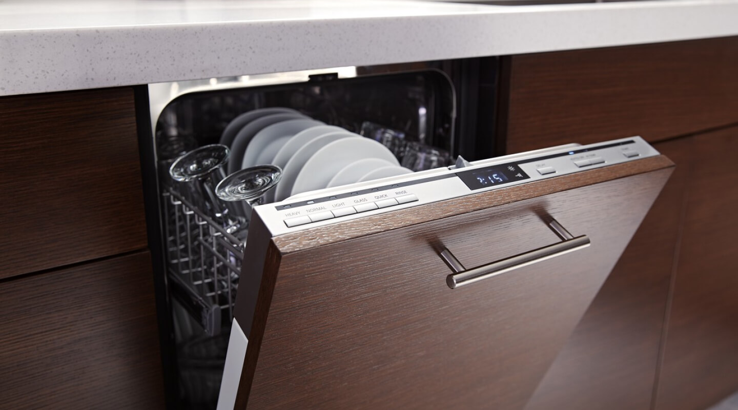 Panel-ready dishwasher filled with dishes