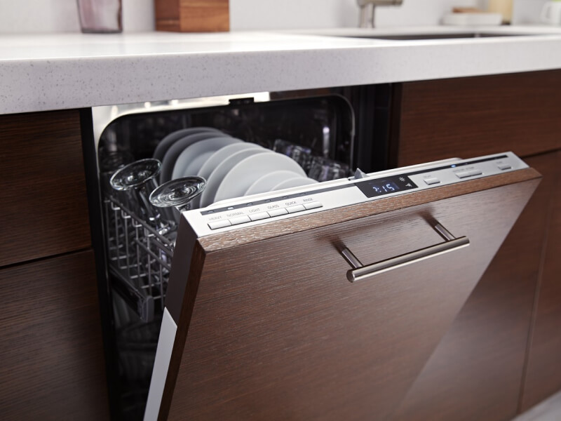Panel-ready dishwasher filled with dishes