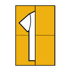 A diagram showing a T-shirt being folded with the right side cardboard sections folded over.