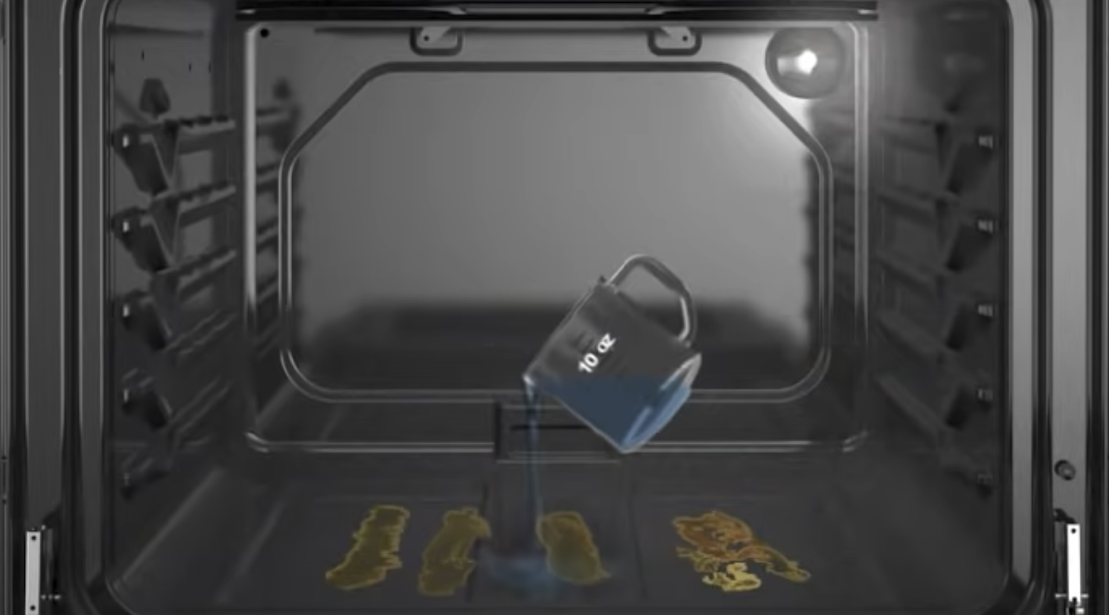 Water being poured onto oven floor 