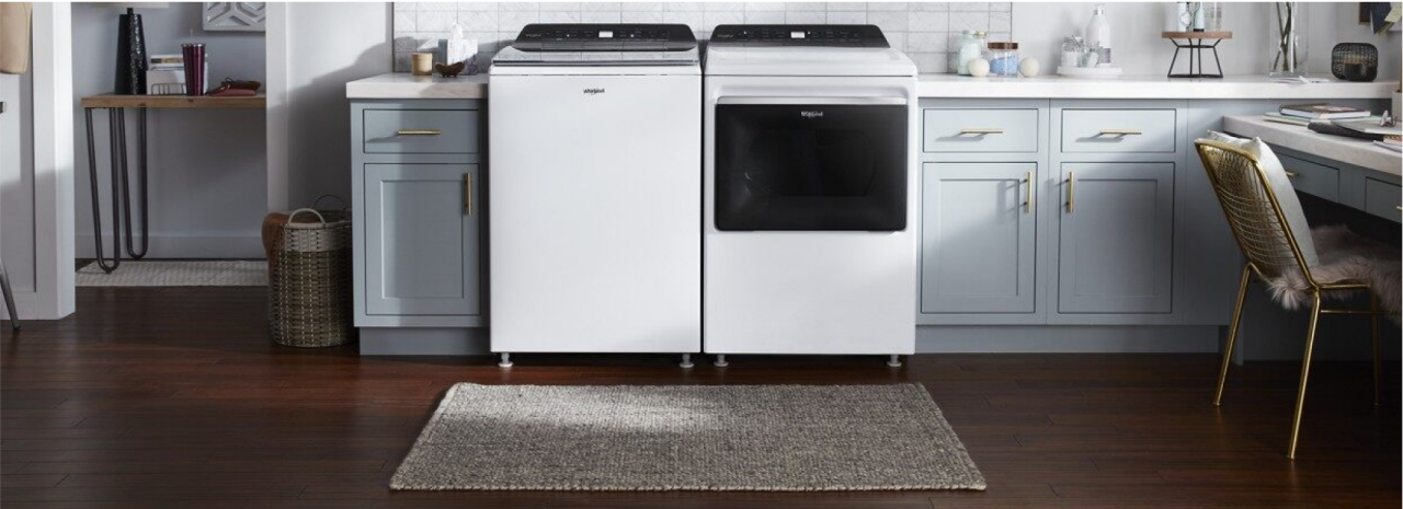 A Whirlpool® high-efficiency top load washer with matching dryer