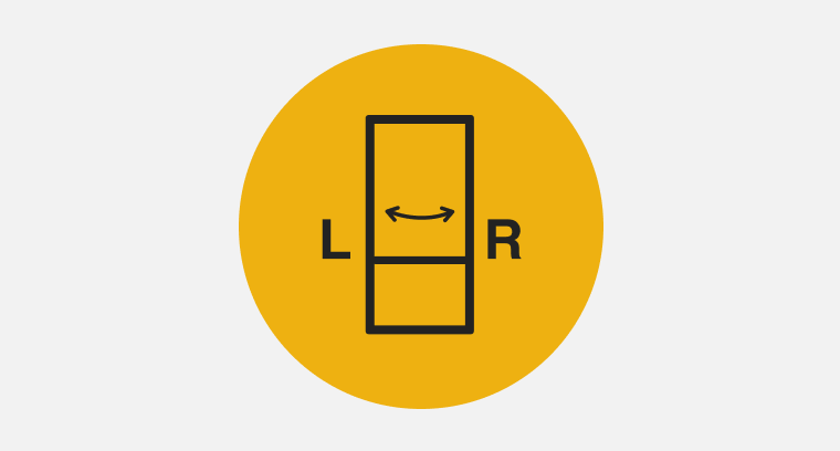 Icon of a bottom mount refrigerator with a double sided arrow on the door pointing to the right and left. 