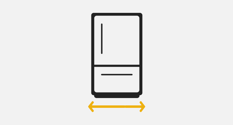 A line drawing of a bottom mount refrigerator with a double-sided arrow showing width.