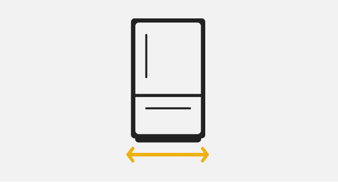 A line drawing of a top mount refrigerator with a double-sided arrow showing width.