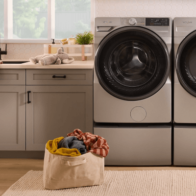 A front load washer with a laundry basket in front of it