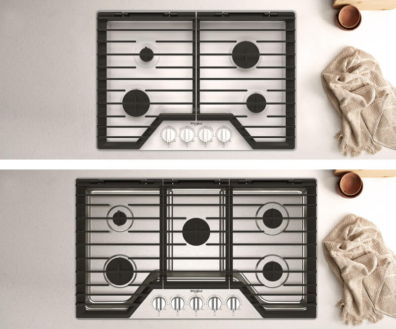 Side-by-side comparison of 30-inch and 36-inch gas cooktops
