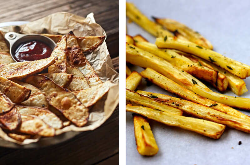 Side-by-side image of crispy potato wedges and ketchup and air fried french fries