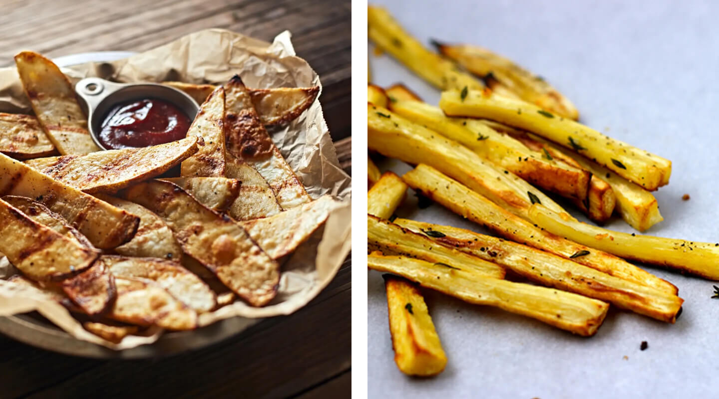 Side-by-side image of crispy potato wedges and ketchup and air fried french fries