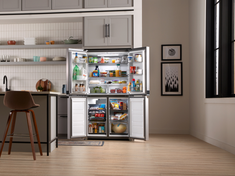 An open french door refrigerator 