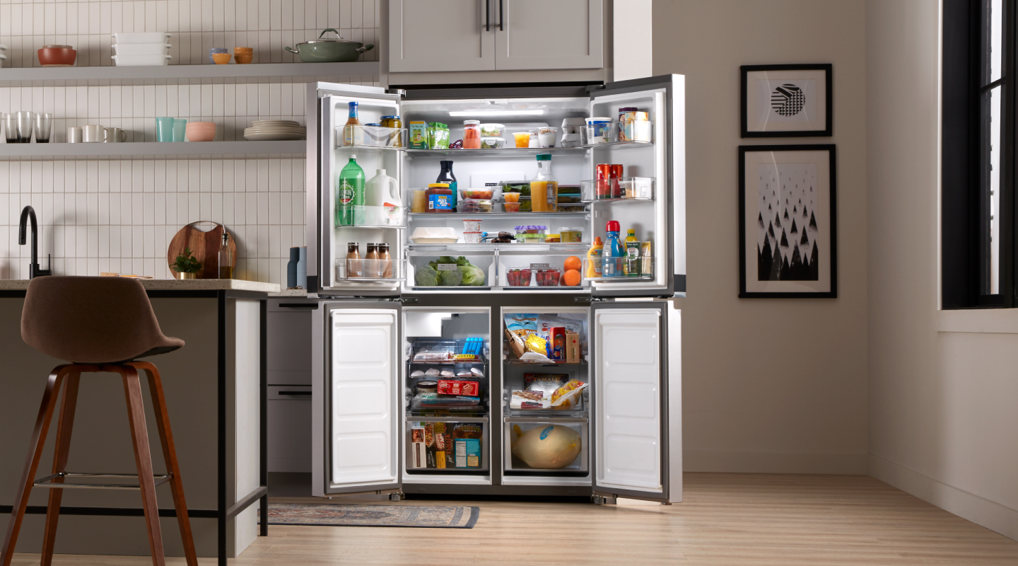 An open french door refrigerator 