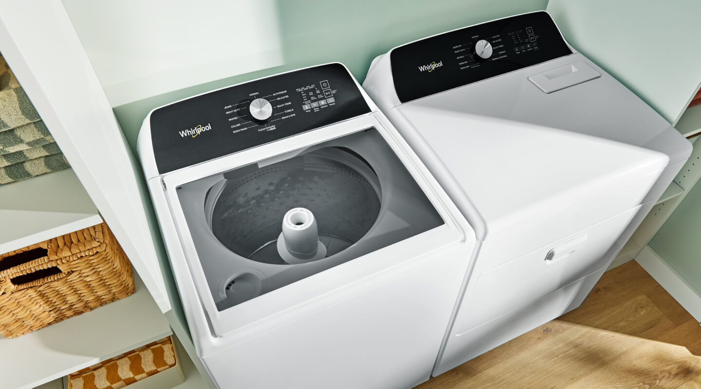 A white Whirlpool® Washer and Dryer set