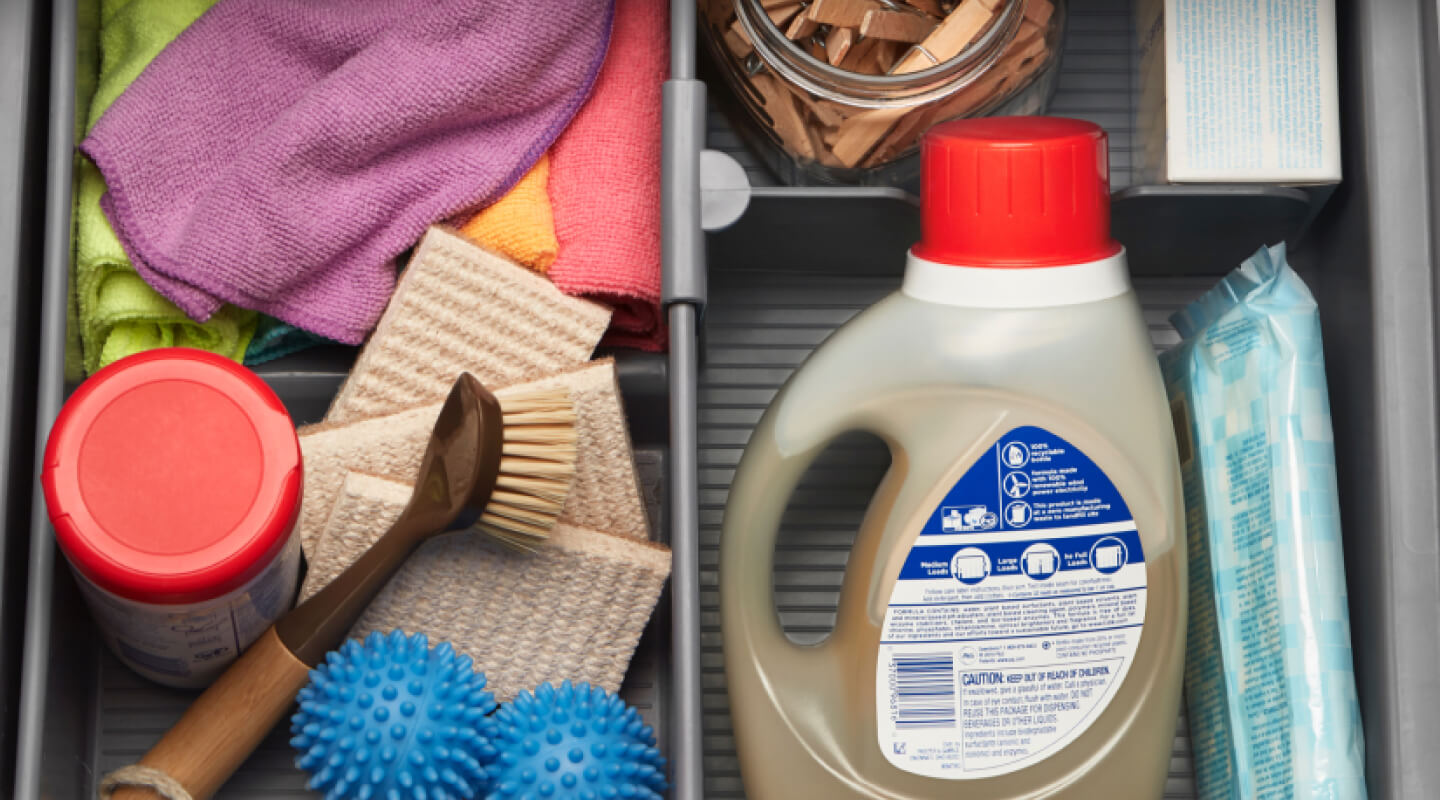 Laundry supplies in a pedestal drawer