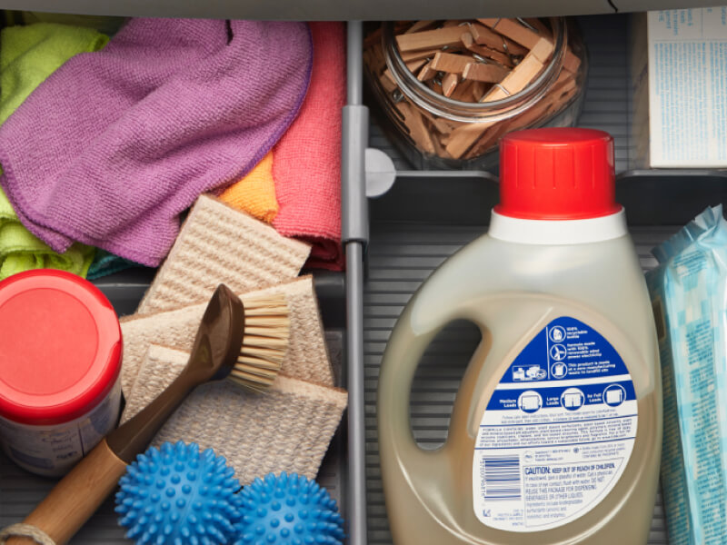 Laundry supplies in a pedestal drawer