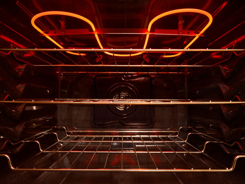 The inside of an oven with three racks