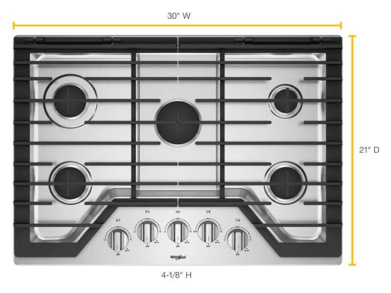 Top view of gas 5-burner cooktop with length and width dimensions noted on sides