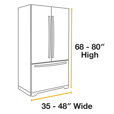 A line drawing of a counter-depth refrigerator with the height and width measured