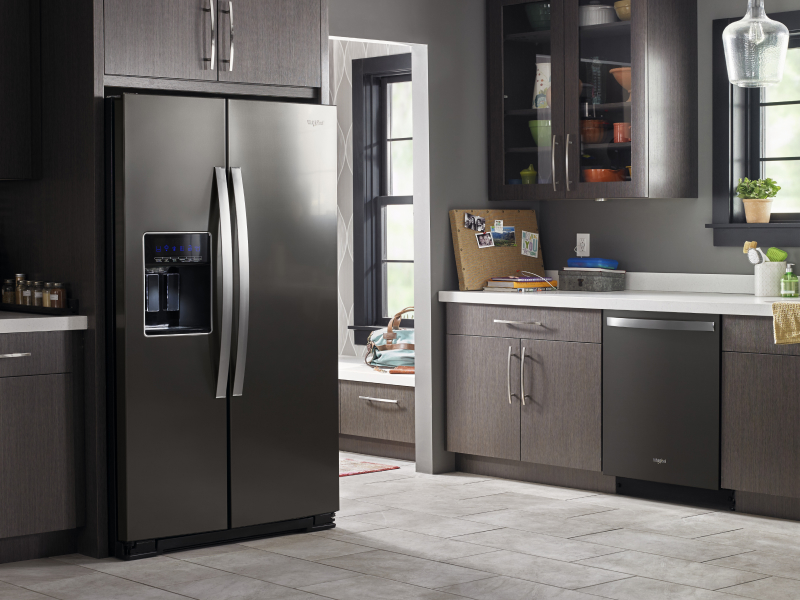 A refrigerator set in a kitchen