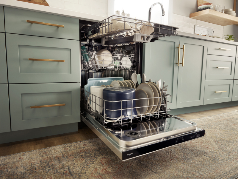 Dishes loaded on the three racks of a Whirlpool® dishwasher