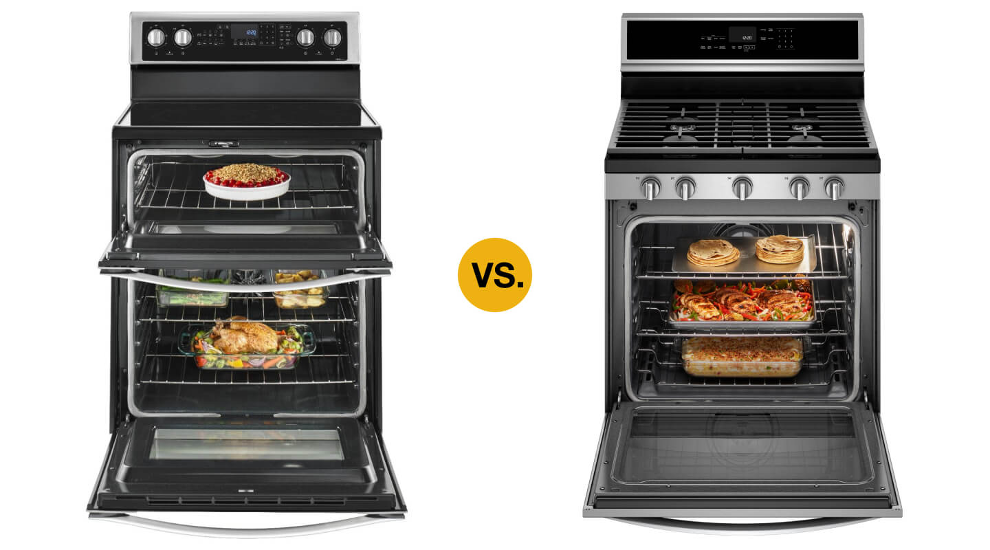 Open double oven range next to an open single oven range