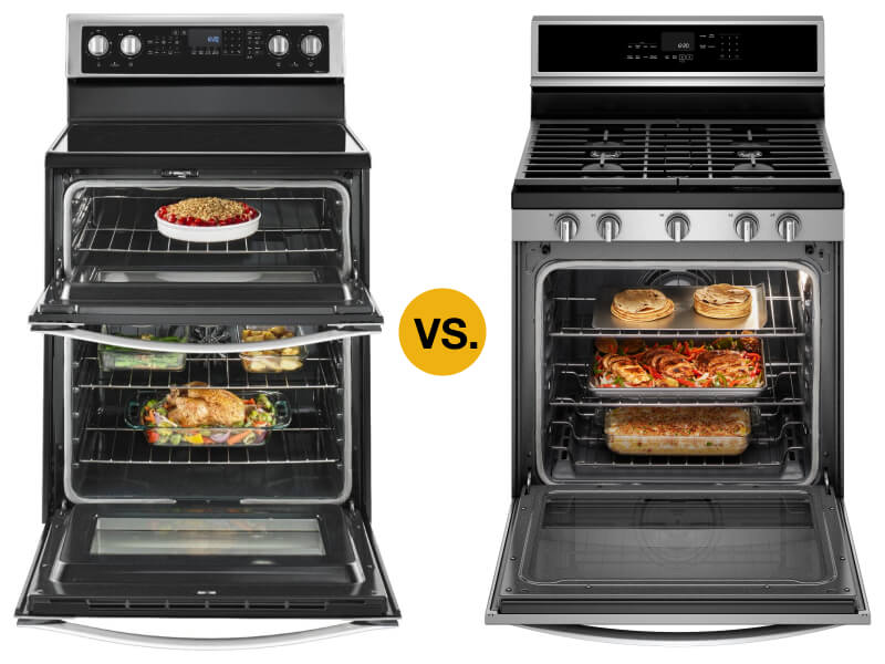 Open double oven range next to an open single oven range
