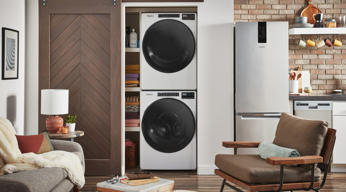 Stackable washer and dryer in a laundry closet