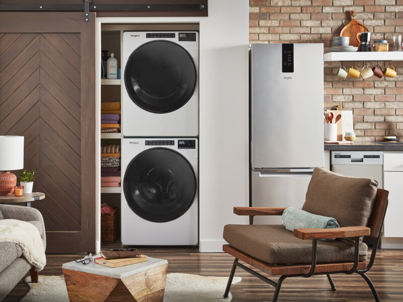 Stackable washer and dryer in a laundry closet