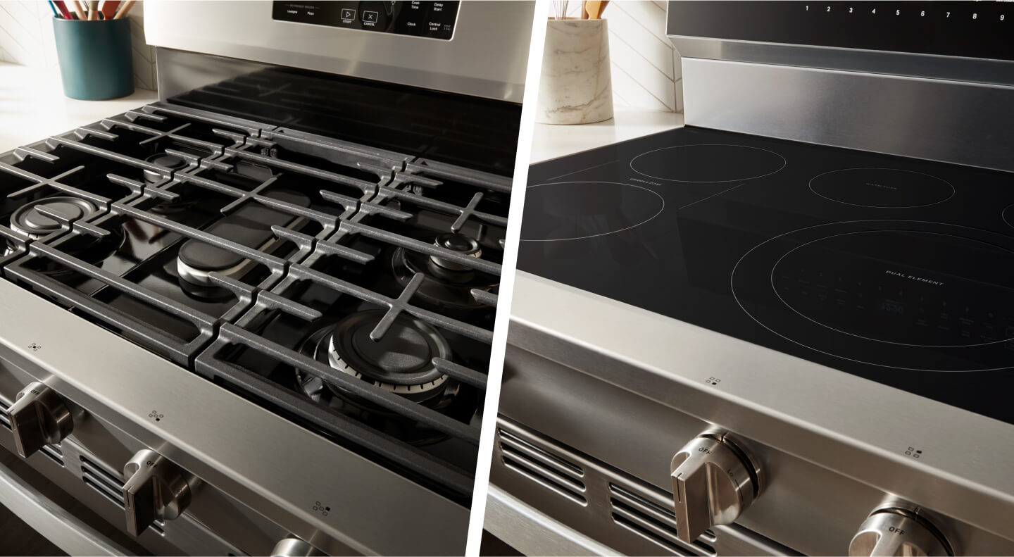 Side-by-side image of a gas cooktop and an electric cooktop
