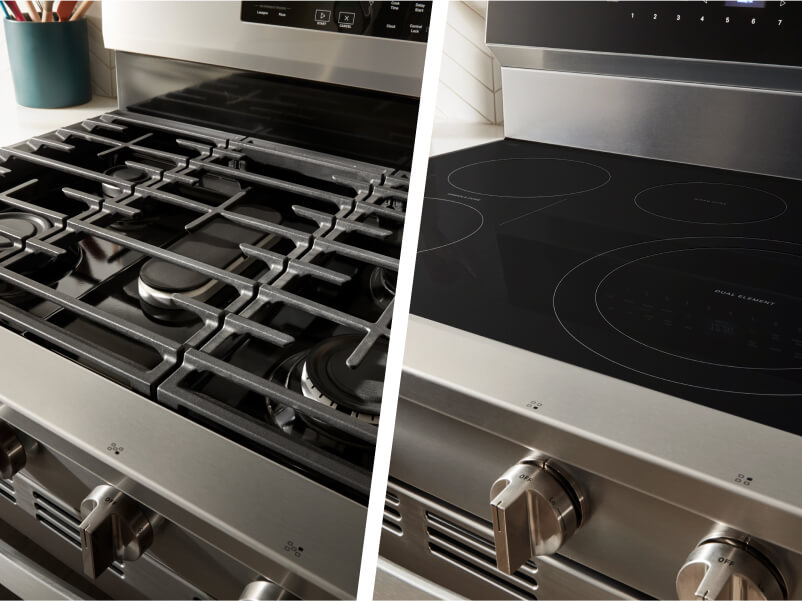 Side-by-side image of a gas cooktop and an electric cooktop