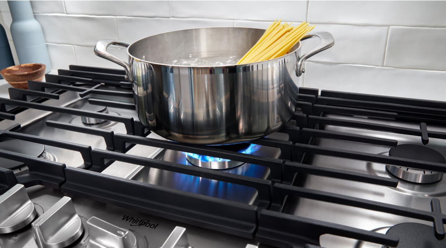 Pasta cooking on a gas cooktop