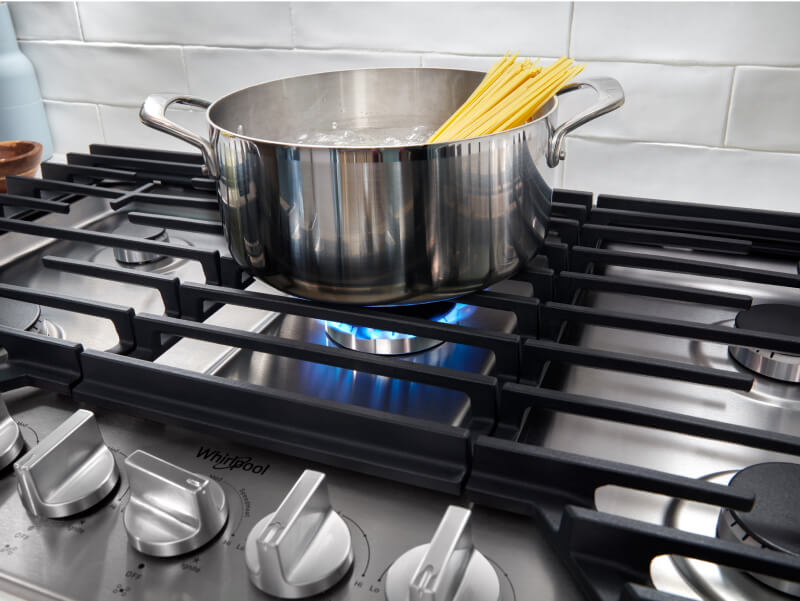 Pasta cooking on a gas cooktop