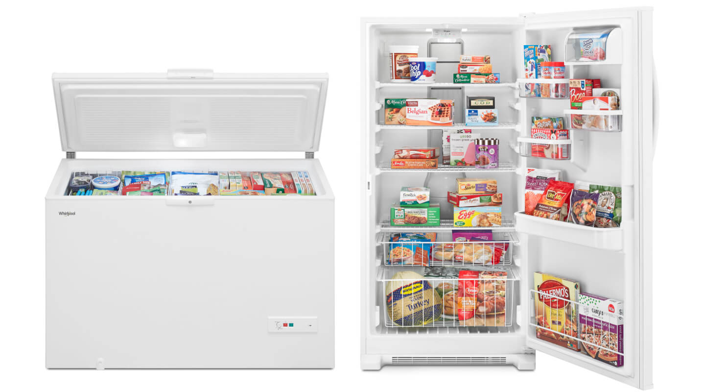 A Whirlpool® Chest Freezer and Whirlpool® Upright Freezer