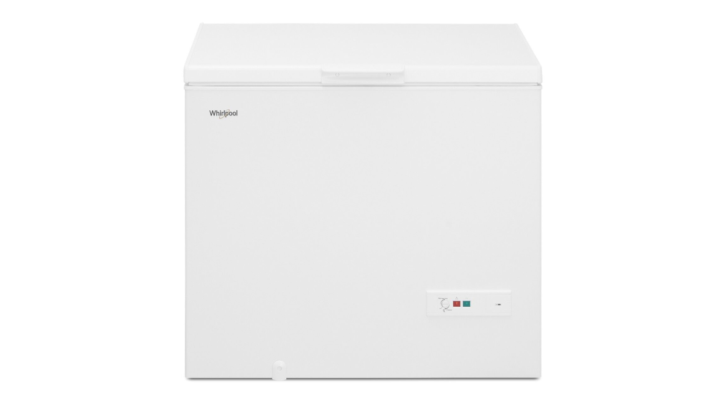 A white chest freezer against a white background