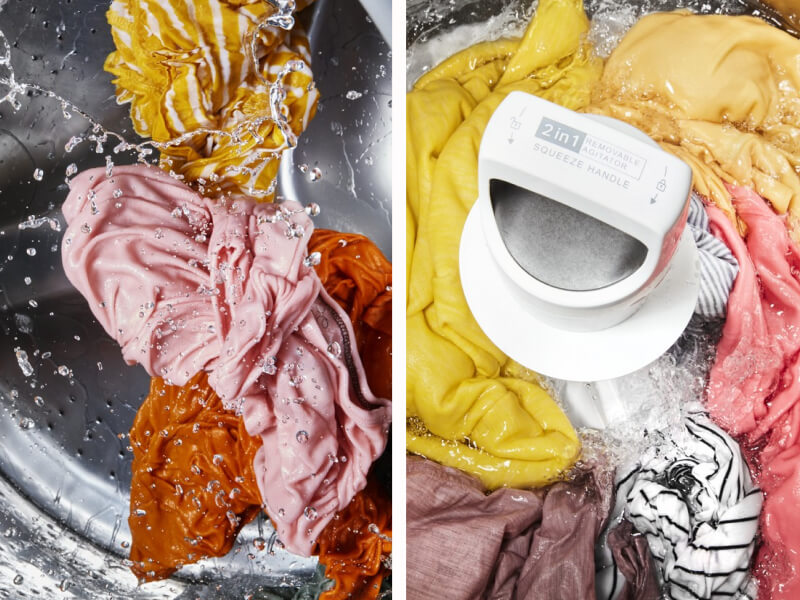 Split image of colorful clothing tumbling in a front load vs. a top load washer
