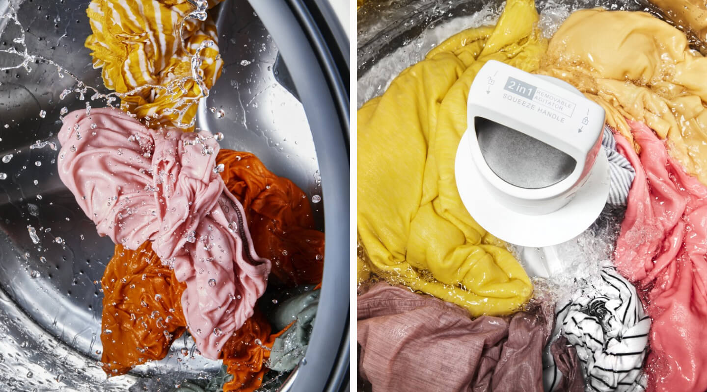 Split image of colorful clothing tumbling in a front load vs. a top load washer