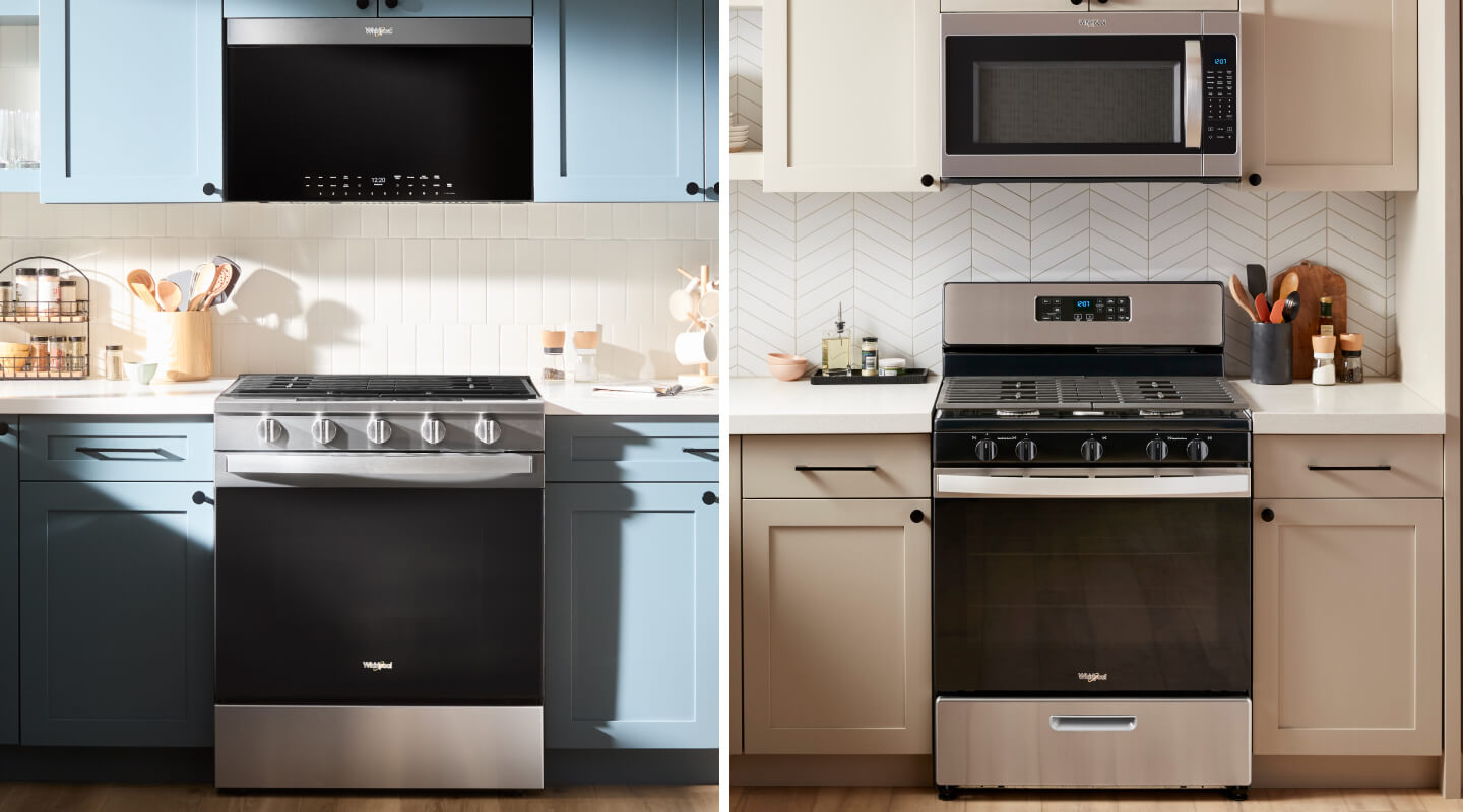 A collage of two images, the one on the left showing a Whirlpool® Gas Range in a kitchen with blue cabinetry and the one on the right showing a Whirlpool® Gas Range in a bright kitchen