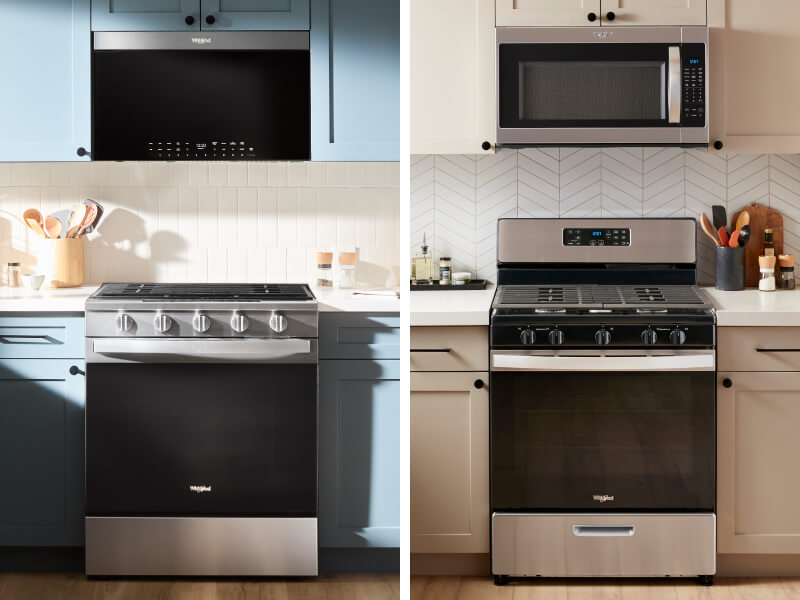 A collage of two images, the one on the left showing a Whirlpool® Gas Range in a kitchen with blue cabinetry and the one on the right showing a Whirlpool® Gas Range in a bright kitchen