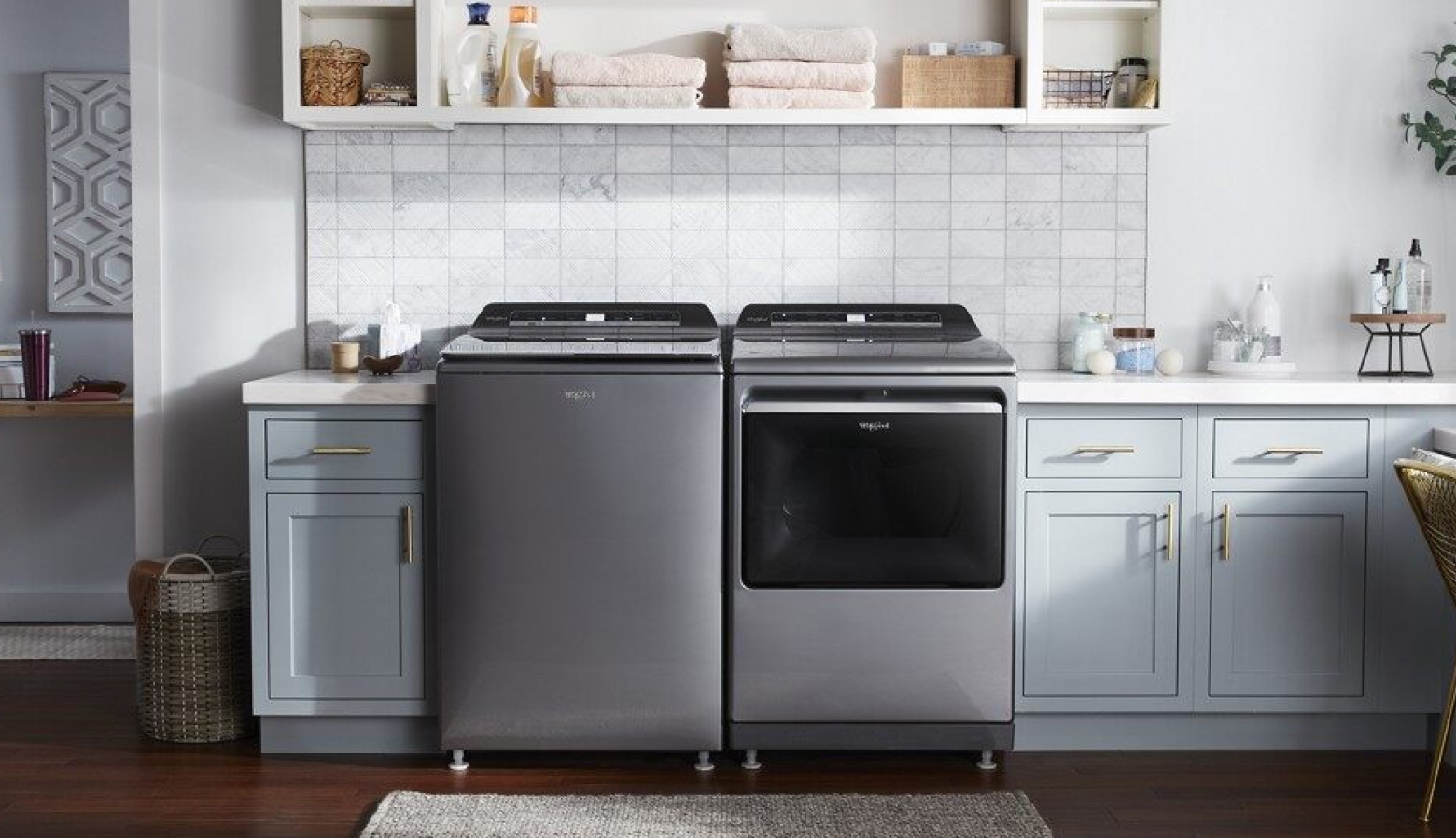 Top load laundry pair in a bright laundry room