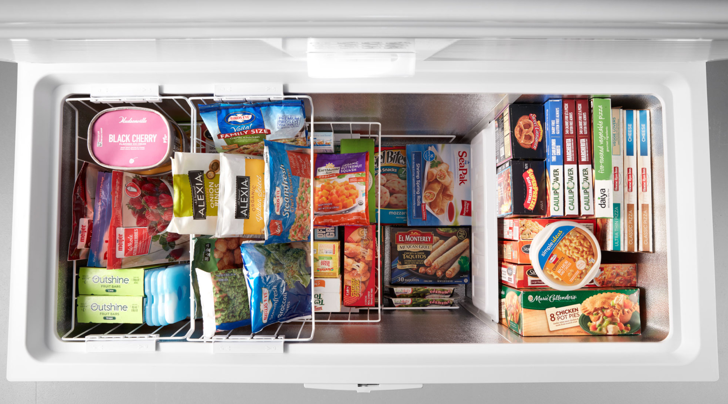 Frozen ingredients stored in an open deep freezer
