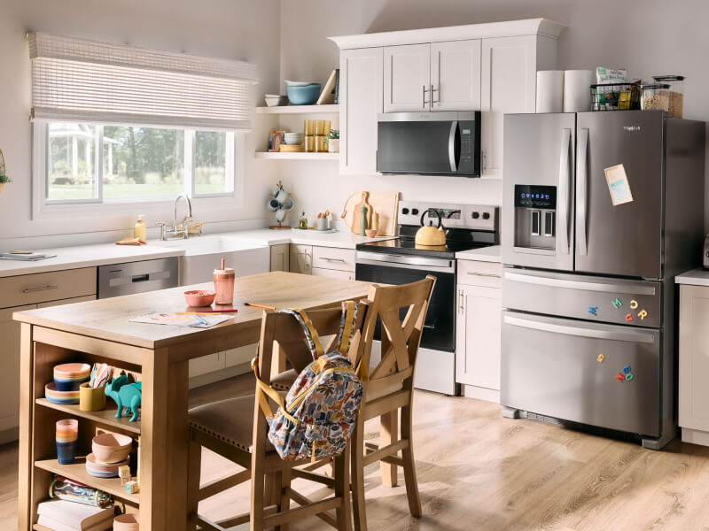 A bright kitchen with stainless steel Whirlpool® Appliances
