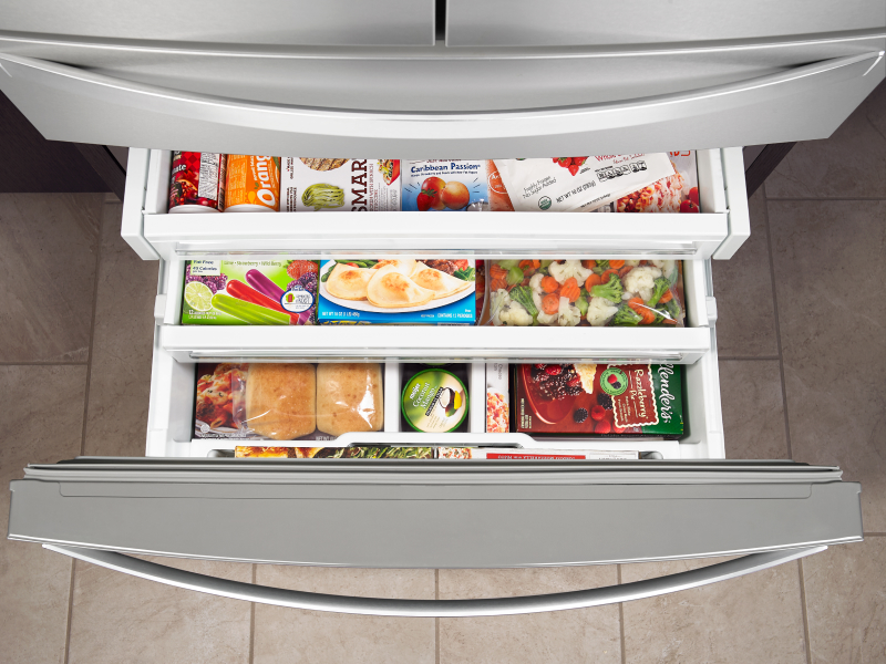 Freezer drawers opened to show contents