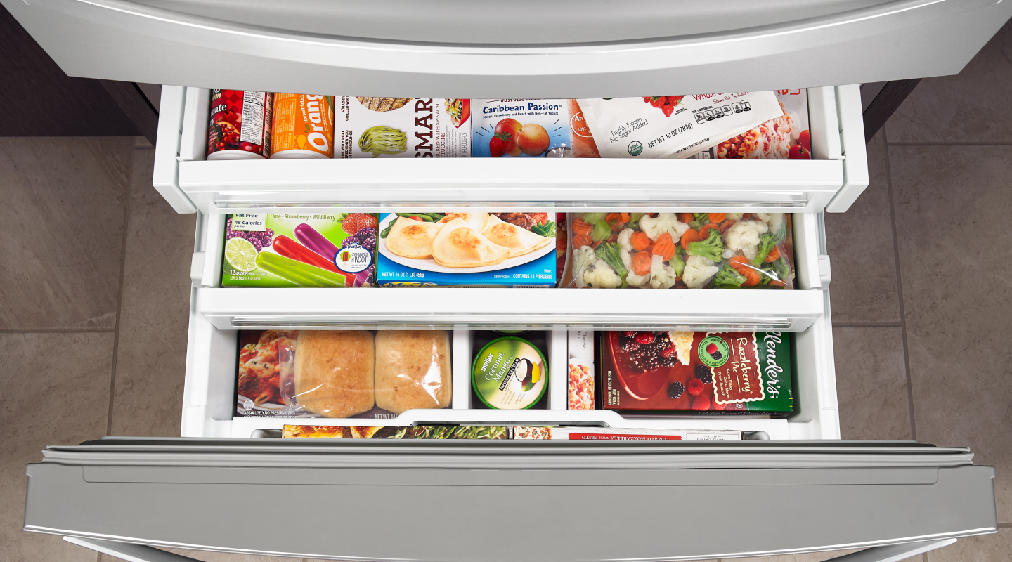 Freezer drawers opened to show contents