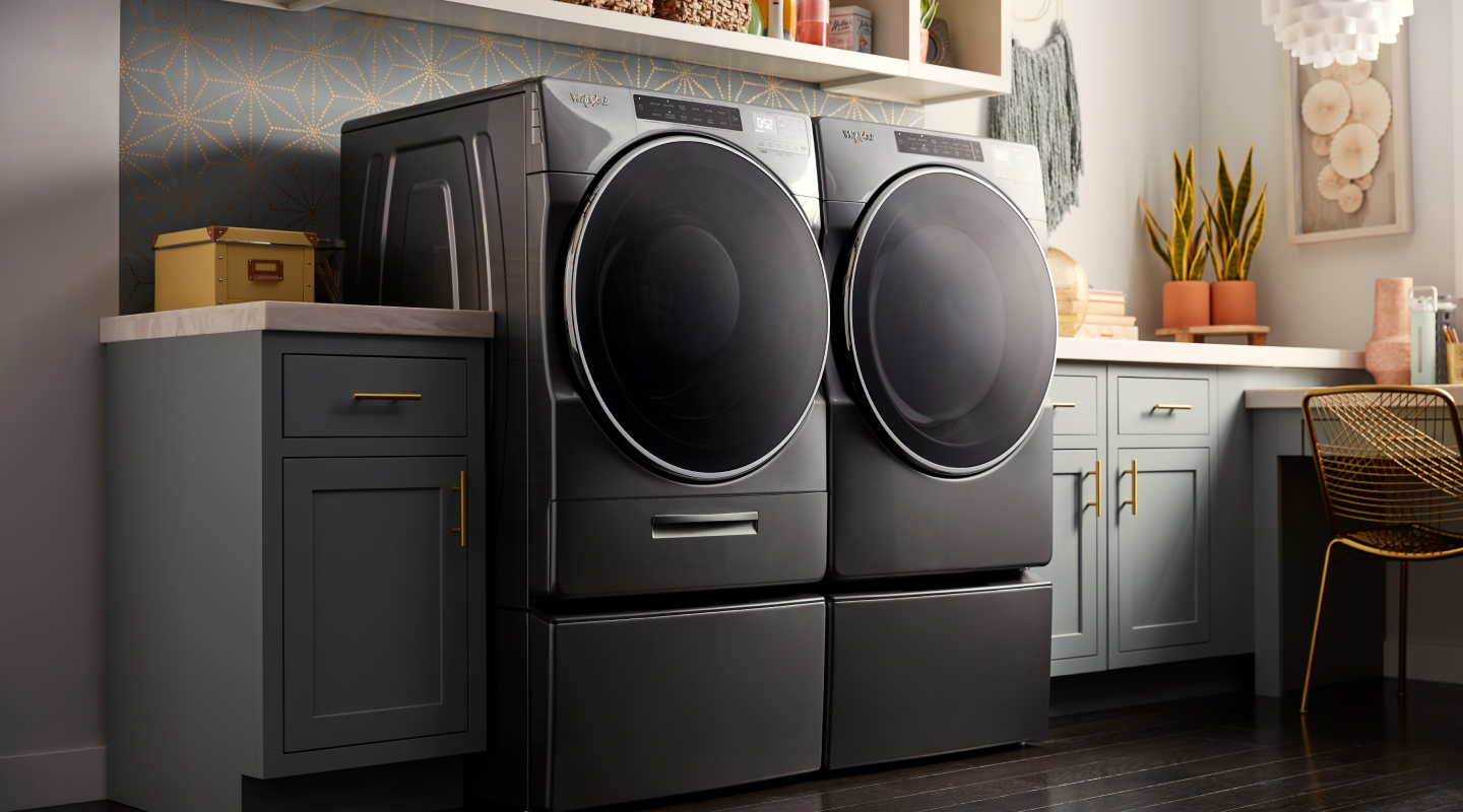 Stainless steel Whirlpool® front loading washer and dryer 