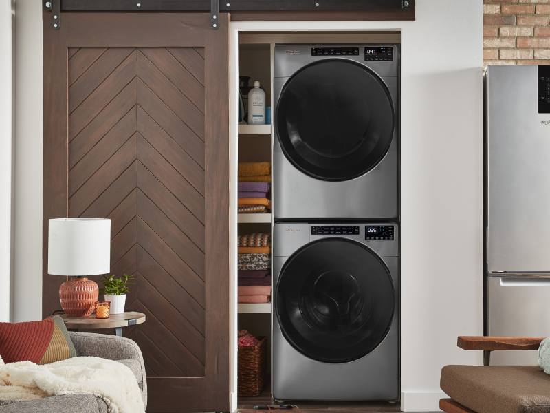 Stacked chrome shadow Whirlpool® washer and dryer