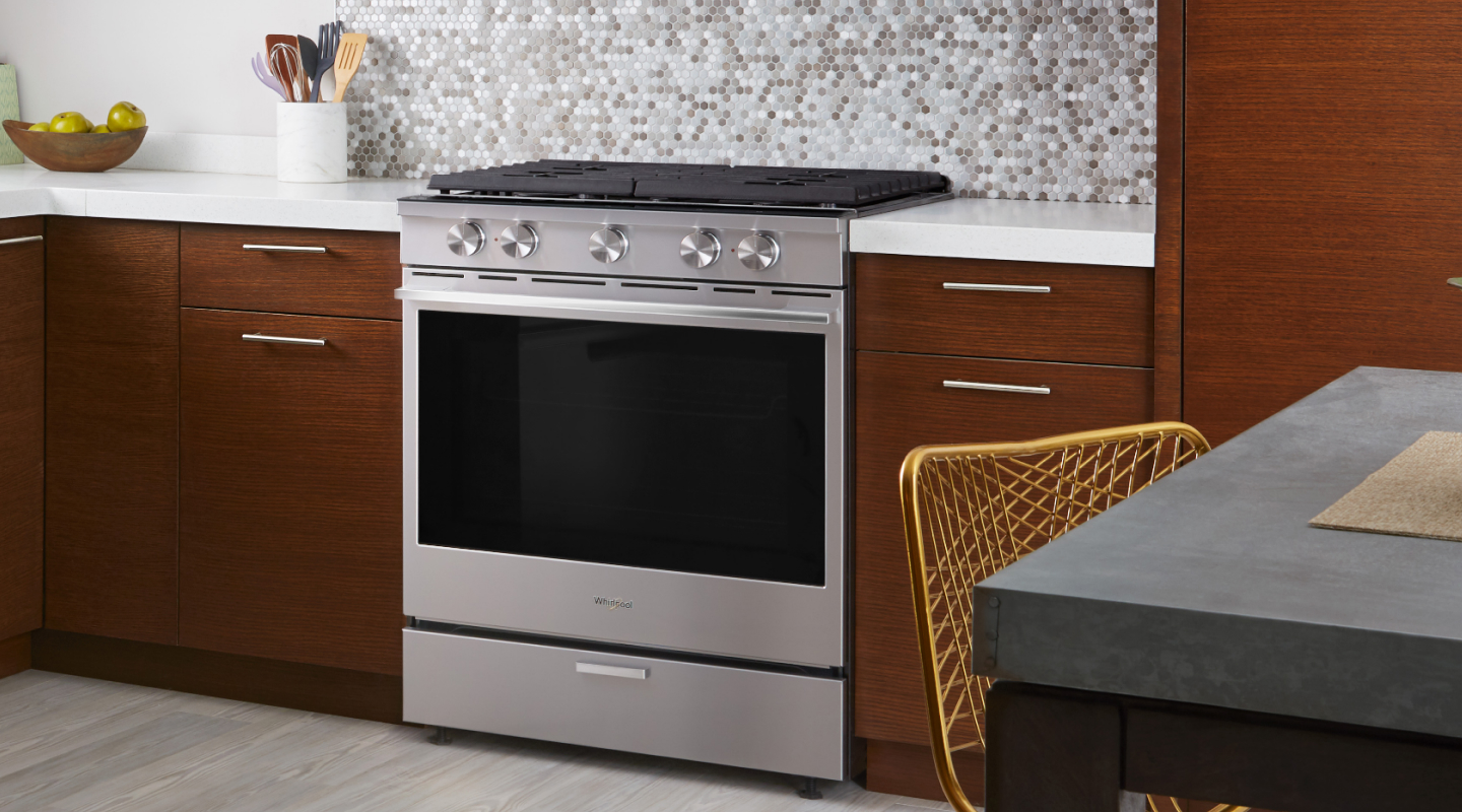 A Whirlpool® oven with Air Fry Mode in a modern kitchen.