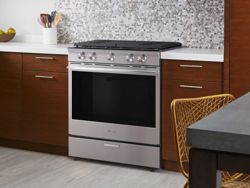 A Whirlpool® oven with Air Fry Mode in a modern kitchen.
