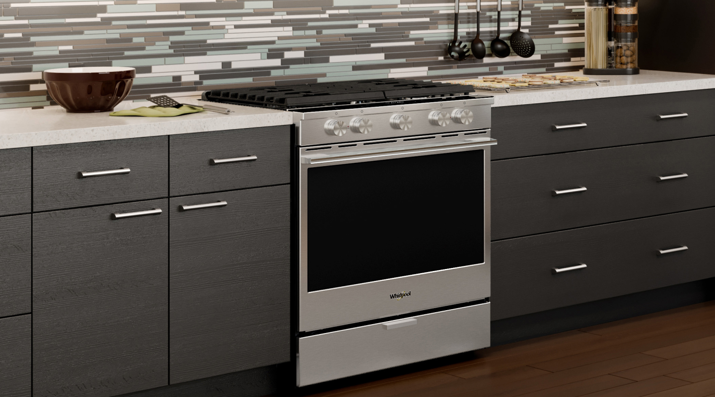 A Whirlpool® oven with Air Fry Mode in a modern kitchen.
